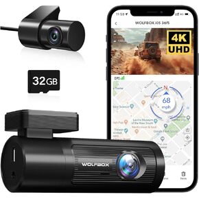 كاميرا داش WOLFBOX 4K أمامية وخلفية، واي فاي UHD 2160P/1080P كاميرا داش صغيرة للسيارات، بطاقة 32 جيجا مجانية، نظام تحديد المواقع المدمج، WDR، رؤية ليلية، وضع انتظار 24 ساعة، مستشعر G، تسجيل حلقة، يدعم 256 جيجابايت كحد أقصى in Kuwait