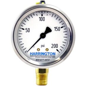 Harrington 52894974 2-1/2" Liquid Filled Pressure Gauge 0/60 psi 304 Stainless Steel with Vented Fill Plug 1/4" NPT Bottom Mount Industrial Grade A +/- 2/1/2% Accuracy ASME B40.100 Model 213.53