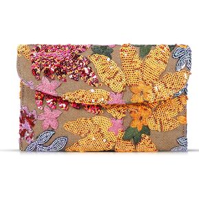 Envelope Package, Clutch Purses for Women, Sequin Embroidered Flowers Straw Bag, Bohemian Handmade Handbags, Beach Bag for Vacation, Travel, Banquet (Orange Flower)