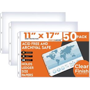Performore 50 Pack of Sheet Protectors, 11" x 17" Landscape Clear Top Loading Sleeves Paper and Documents, Reinforced 3 Hole-Punched Acid-Free Archival Safe