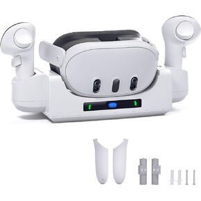 قاعدة شحن Kuject لـ Quest 3، محطة شحن 2 في 1 مع حامل سطح المكتب وأوضاع التثبيت على الحائط لسماعات الواقع الافتراضي وأجهزة التحكم، وملحقات حامل الشحن مع بطاريات قابلة لإعادة الشحن in Kuwait