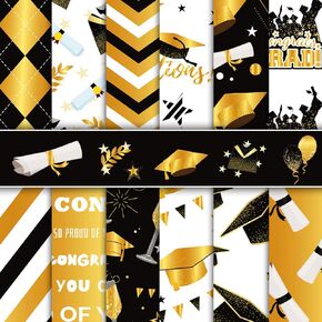 Konsait 24 Sheets Graduation Scrapbook Paper 12x12 Black and Gold Congrats Patterned Paper Decorative Paper Origami Paper Double Sided Scrapbook Paper Packs Craft Paper Graduation Scrapbook Supplies