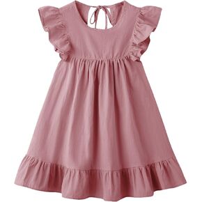 Girl Linen Ruffle Dress Baby Summer Beach Sundress | Crinkle Fabric, Lace Ruffle Sleeves, Back Tie Cutout. Swing hem, Soft Lightweight, Girls Summer Casual Outfit. in Kuwait