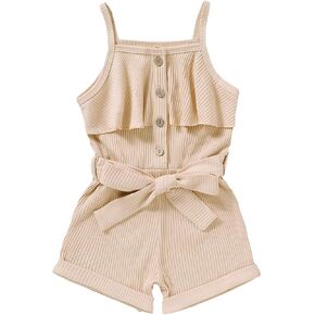 بدلة قفز صيفية للفتيات الصغيرات بدون أكمام وسروال قصير مع حزام من قطعة واحدة in Kuwait