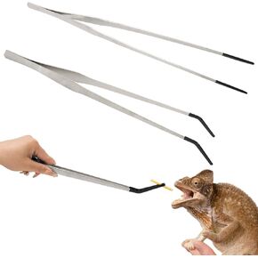 2Pcs Stainless Steel Reptile Feeding Long Tongs Tweezers with Red Rubber Tip Aquarium Tweezers Straight and Curved Silver Long Handle Feeder Tool, (Silver, 10.5 Inch)