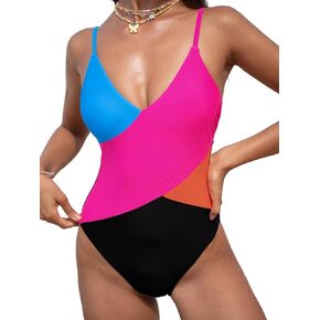 CUPSHE Women's One Piece Swimsuit V Neck Bathing Suit Color Block Adjustable Straps Trendy