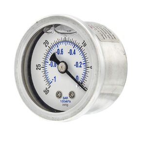 Liquid Filled Center Back Mount Pressure Gauge with 1.5" Dial, 30" Hg VAC/0 PSI, (-30-0 PSI), 1/8" Male NPT, Stainless Steel CASE and Bezel (1)