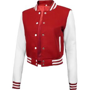 Decrum High School Crop Letterman Jacket Women - Cropped Women's Bomber Jackets Fall | [40158173] Red And White CRP, M