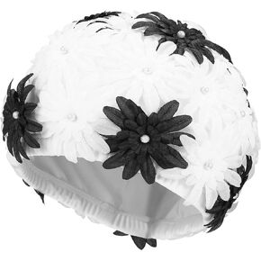 Adult Swim Cap Swimming Hat Floral Petal Retro Style Flower Bathing Cap Summer Swimming Cap Women Retro Swim Hat for Short Hair Black and White Girls Swim Cap
