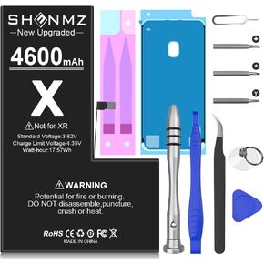 SHENMZ Battery for iPhone X, (2024 New Version) 4900mAh Upgrade 0 Cycle Ultra High Capacity Battery Replacement for iPhone X Model A1865, A1901, A1902 with Full Set Professional Repair Tool Kits