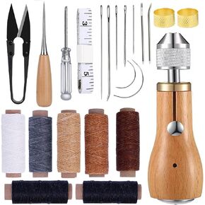 GTAAOY Professional Sewing Awl Kit, Portable Leather Sewing Awl Thread Kit with Straight Bent Needles Rolls Waxed Threads Small Screwdriver Yarn Scissors Needle Threader Tape Measure for DIY Craft