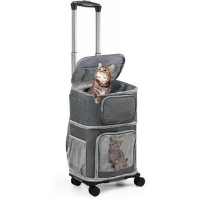 Vanansa Pet Carrier on Wheels, 2-in-1 Detachable Double Compartment Cat Carrier with Wheels for Small Cats, Dogs and Puppies, Rolling Cat Backpack for 2 Cats, Perfect for Travel/Walking/Camping in Kuwait