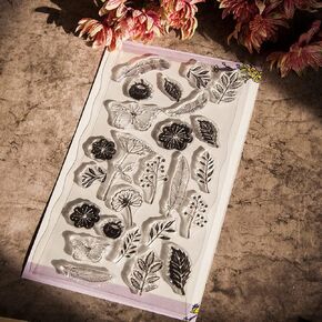 Flowers Leaf Butterfly Clear Stamps Silicone Stamp Cards with Sentiments, Leaves Transparent Seal Stamps for Holiday Card Making Decoration and DIY Scrapbooking Album DIY Crafts