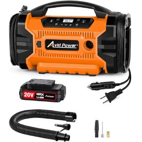 Avid Power Tire Inflator Portable Air compressor 3 Power Source (110V AC, 12V DC, 20V Battery), Car Air Pump w/Inflation & Deflation Modes, Triple Power Tire Inflator, Orange