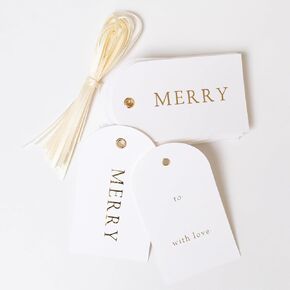 Letterpress Gift Tags, Gold Foil, to and from, Set of 25 Paper Tags with Satin Ribbon
