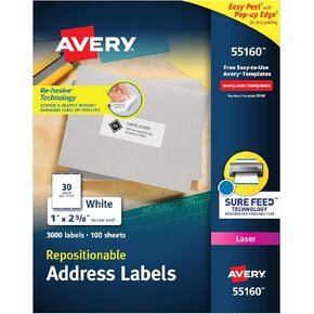 Avery Repositionable Printable Address Labels with Sure Feed, 1" x 2-5/8", White, 3,000 Blank Mailing Labels (55160)