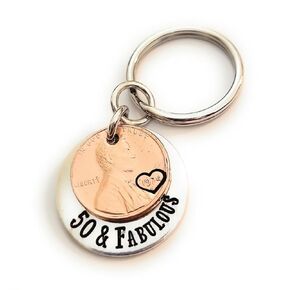 50 & Fabulous Coin Key Chain for 50th Birthday Lucky 1974 Copper Penny Gift for Her