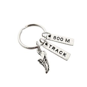 Pewter RUN TRACK 800m Key Chain - Pewter Running Shoe Charm, Pewter TRACK and Pewter 800m Pendant on Round Key Ring - Track 800 Meter Race - All Pewter Key