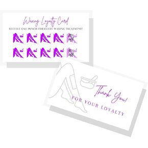 Waxing Loyalty Discount Card | 50 Pack | Size 2x3.5" inches Business Card | Matches Waxing Hair Removal Aftercare Cards | White with Purple Design