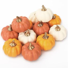 AnyDesign 12Pcs Artificial Pumpkins Mini White Pink Gold Fake Foam Pumpkins Faux Harvest Pumpkins for Autumn Thanksgiving Home Party Halloween Holiday Farmhouse Decorations