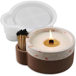 Wehous Large Candle Holder Silicone Mold with Match Holder, Unique Candle Vessels Jewelry Holder Silicone Resin Concrete Cement Mold, Round Container Jar Box Bowl Mold for DIY Storage Craft Decor