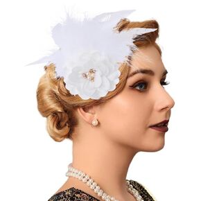 Yokawe Flapper Feather Headpiece White with Pearl and Flowers 20S Gatsby Party Head Accessories for Women