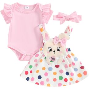 Lamuusaa Newborn Baby Girl Easter Outfit Ruffle Short Sleeve Romper Bunny Polka Dot Skirts with Headband Summer Clothes