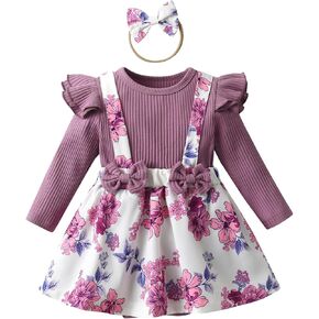 Infant Baby Girl Long Sleeve Ruffle Romper Floral Suspender Dress Onesie Headband Outfit in Kuwait