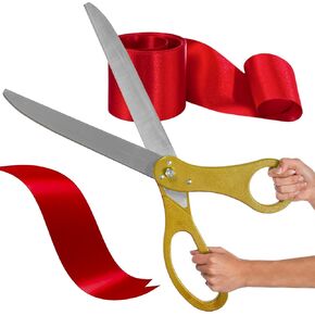 طقم حفل الافتتاح الكبير باللون الأحمر - مقص عملاق مقاس 25 بوصة باللون الأحمر مع شريط أحمر لحفلات التنصيب والاحتفالات شريط الافتتاح الكبير ومقص للمناسبات الخاصة مقص عملاق مقاس 25 بوصة لقطع الشريط