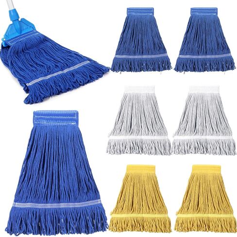 6 قطع من رأس الممسحة التجارية البديلة بوزن 18 أونصة من رؤوس الممسحة القطنية ذات النهاية الحلقية لإعادة ملء الممسحة المنزلية للتنظيف التجاري والصناعي العام والأرضيات، أزرق، أبيض، أصفر in Kuwait
