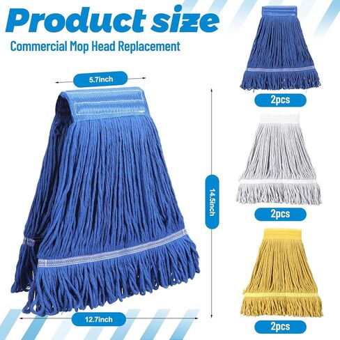 6 قطع من رأس الممسحة التجارية البديلة بوزن 18 أونصة من رؤوس الممسحة القطنية ذات النهاية الحلقية لإعادة ملء الممسحة المنزلية للتنظيف التجاري والصناعي العام والأرضيات، أزرق، أبيض، أصفر in Kuwait