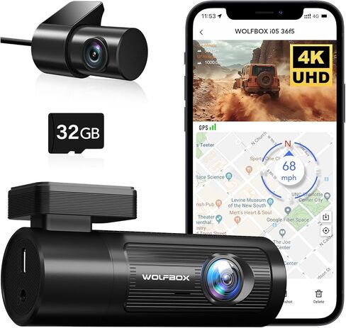 كاميرا داش WOLFBOX 4K أمامية وخلفية، واي فاي UHD 2160P/1080P كاميرا داش صغيرة للسيارات، بطاقة 32 جيجا مجانية، نظام تحديد المواقع المدمج، WDR، رؤية ليلية، وضع انتظار 24 ساعة، مستشعر G، تسجيل حلقة، يدعم 256 جيجابايت كحد أقصى in Kuwait