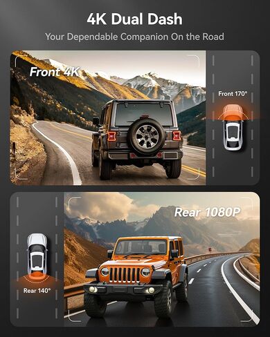 كاميرا داش WOLFBOX 4K أمامية وخلفية، واي فاي UHD 2160P/1080P كاميرا داش صغيرة للسيارات، بطاقة 32 جيجا مجانية، نظام تحديد المواقع المدمج، WDR، رؤية ليلية، وضع انتظار 24 ساعة، مستشعر G، تسجيل حلقة، يدعم 256 جيجابايت كحد أقصى in Kuwait