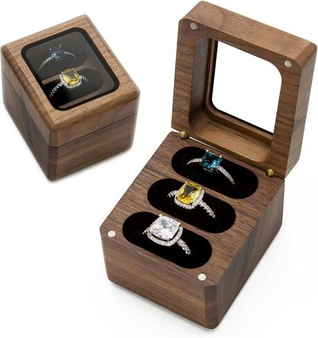 MUUJEE Engraved 3 Slot Wood Ring Box - 2.25 x 2 x 2 The Adventure Begins with Mountain - Rings Case in Brown Walnut Jewelry Holder for Womens Men Engagement Anniversary Couples Wedding and Bearer Box in Kuwait