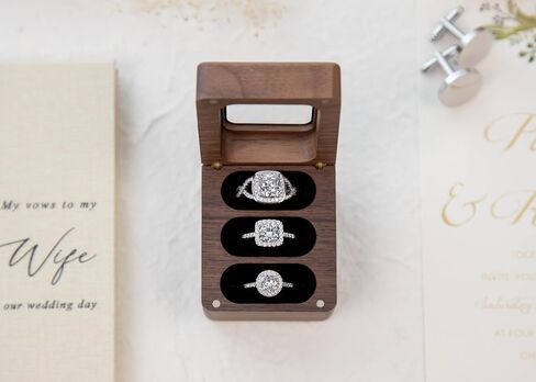 MUUJEE Engraved 3 Slot Wood Ring Box - 2.25 x 2 x 2 The Adventure Begins with Mountain - Rings Case in Brown Walnut Jewelry Holder for Womens Men Engagement Anniversary Couples Wedding and Bearer Box in Kuwait
