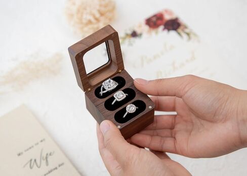 MUUJEE Engraved 3 Slot Wood Ring Box - 2.25 x 2 x 2 The Adventure Begins with Mountain - Rings Case in Brown Walnut Jewelry Holder for Womens Men Engagement Anniversary Couples Wedding and Bearer Box in Kuwait