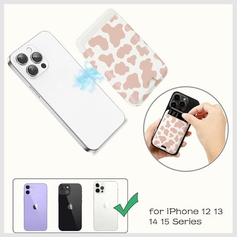 حامل بطاقة مغناطيسية لظهر محفظة الهاتف iPhone 15/14/13/12 Pro Max Mag Safe Case، محفظة جلدية مغناطيسية ملحقات الهاتف لسلسلة iPhone 15/14/13/12 (طباعة بقرة وردية) in Kuwait