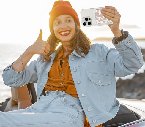 حامل بطاقة مغناطيسية لظهر محفظة الهاتف iPhone 15/14/13/12 Pro Max Mag Safe Case، محفظة جلدية مغناطيسية ملحقات الهاتف لسلسلة iPhone 15/14/13/12 (طباعة بقرة وردية) in Kuwait