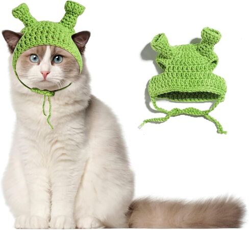 NVTED Cat Hat Adorable Costume Bunny Hat, Frog Shape Handmade Knitted Woolen Yarn Rhino Cap Bunny Rabbit Hat with Ears for Cats Small Dogs Party Costume Easter Pet Accessory Headwear in Kuwait