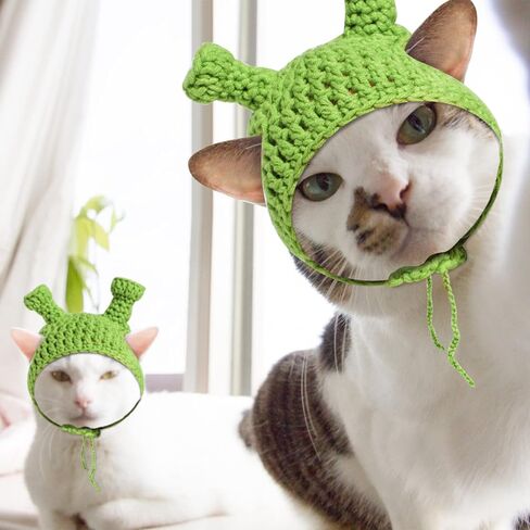 NVTED Cat Hat Adorable Costume Bunny Hat, Frog Shape Handmade Knitted Woolen Yarn Rhino Cap Bunny Rabbit Hat with Ears for Cats Small Dogs Party Costume Easter Pet Accessory Headwear in Kuwait