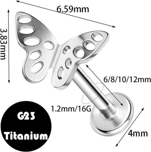 1 Pc G23 TItanium 16G Butterfly Top Internally Threaded/Press Fit Threadless Push Pop Piercing Labret Monroe Lip Ring Tragus Cartilage Eyebrows Earring Stud Bar Length 6mm/8mm/10mm/12mm in Kuwait