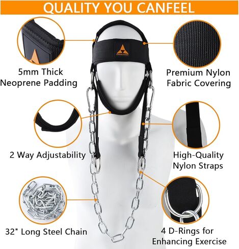 حزام الرقبة لتدريب رفع الأثقال، جهاز تمرين الرقبة مع جهاز بناء رقبة مبطن 5 مم وسلسلة فولاذية شديدة التحمل قابلة للتعديل مقاس 32 بوصة، معدات تدريب الرقبة لنمو العضلات وتدريب القوة in Kuwait