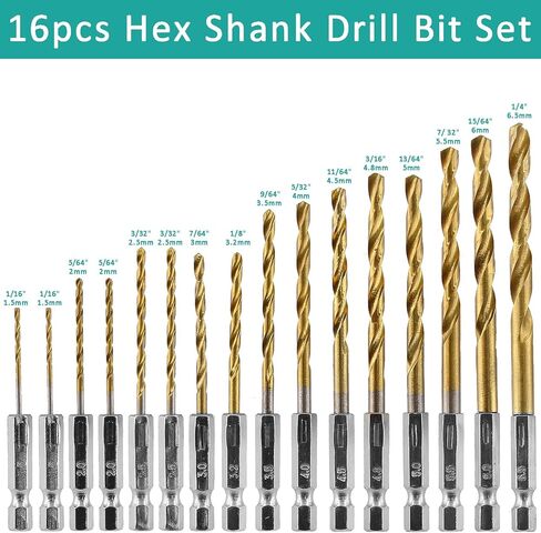 مجموعة لقم مثقاب سداسية عرقوب 16 قطعة، مجموعة لقم مثقاب ملتوية من التيتانيوم، لقم مثقاب فولاذية عالية السرعة، مجموعة لقمة مثقاب سريعة التغيير، لقم حفر ملتوية من الخشب للصلب والمعادن والبلاستيك (1/16-3/8 بوصة) in Kuwait