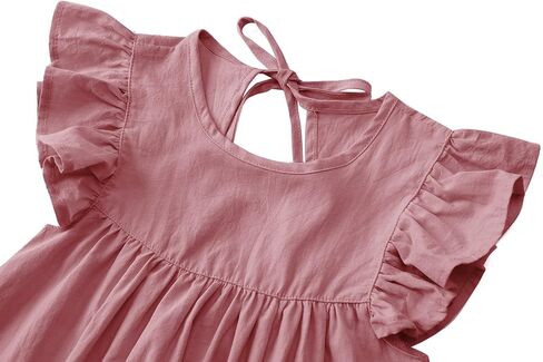 Girl Linen Ruffle Dress Baby Summer Beach Sundress | Crinkle Fabric, Lace Ruffle Sleeves, Back Tie Cutout. Swing hem, Soft Lightweight, Girls Summer Casual Outfit. in Kuwait