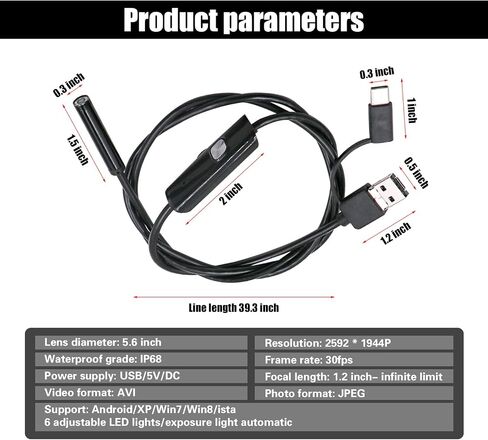 1 قطعة كاميرا فحص الثعبان USB، 8 مم من النوع C USB Borescope، IP67 كاميرا فحص Borescope HD عالية الدقة مع كابل 3.28 قدم و6 مصابيح LED قابلة للتعديل لأجهزة الكمبيوتر التي تعمل بنظام Android Windows (أسود) in Saudi Arabia