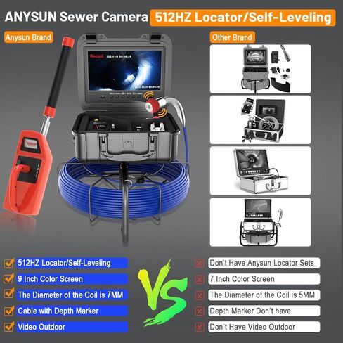 كاميرا Anysun Sewer مع مجموعة تحديد المواقع، التسوية الذاتية، كابل 7 مم مع علامة عمق، IP68 كاميرا ثعبان منظار السباكة المقاومة للماء مع شاشة ملونة 9 بوصة، 12 قطعة ضوء، مسجل مع 32 جيجابايت (150 قدم) in Kuwait