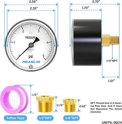 قياس مينلين 0-15 بوصة H2O نوع الحجاب الحاجز كبسولة قياس الضغط المنخفض 1/4 بوصة NPT 2-1/3 بوصة قرص الوجه مقياس عمود الماء القابل للتعديل، مع 1/4 بوصة × 1/2 بوصة NPT و1/4 بوصة × 3/ 8 "NPT جلبة سداسية، حامل خلفي in Kuwait