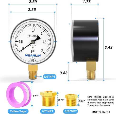 MEANLIN MEASURE 0-15 in H2O Diaphragm Type Capsule Low Pressure Gauge 1/4" NPT 2-1/3" FACE DIAL Adjustable Water Column Gauge, with 1/4" x 1/2" NPT and 1/4" x 3/8" NPT Hex Bushing, Back Mount in Kuwait