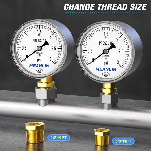 MEANLIN MEASURE 0-15 in H2O Diaphragm Type Capsule Low Pressure Gauge 1/4" NPT 2-1/3" FACE DIAL Adjustable Water Column Gauge, with 1/4" x 1/2" NPT and 1/4" x 3/8" NPT Hex Bushing, Back Mount in Kuwait