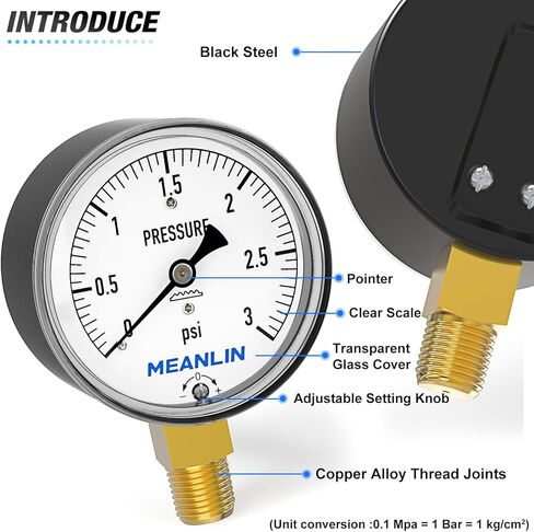 MEANLIN MEASURE 0-15 in H2O Diaphragm Type Capsule Low Pressure Gauge 1/4" NPT 2-1/3" FACE DIAL Adjustable Water Column Gauge, with 1/4" x 1/2" NPT and 1/4" x 3/8" NPT Hex Bushing, Back Mount in Kuwait